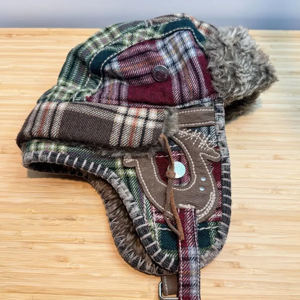 Vintage Y2K True Religion Patchwork Plaid Faux Fur Trapper Aviator Hat OS